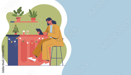 A sad businesswoman works alone on a tablet at a festive bar illustrating isolation during the holidays