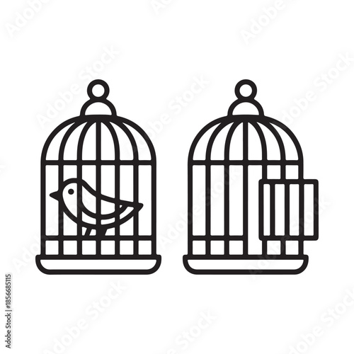 Two birdcages one with a bird presented in a simple monochrome line art style