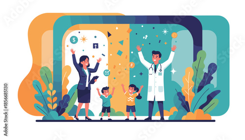 Professionals and children celebrate success in careers finance and health with confetti