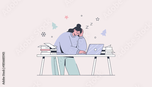 Tired woman sleeping at desk holiday stress overwhelming deadlines or study exhaustion