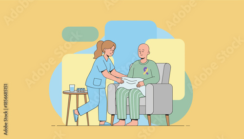 Nurse provides care and comfort to a male patient with a cancer awareness ribbon