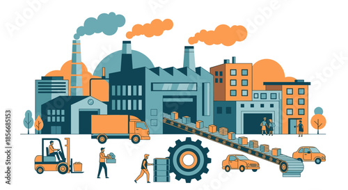Manufacturing ecosystem illustration workers conveyor belt logistics vehicles and industrial factory buildings