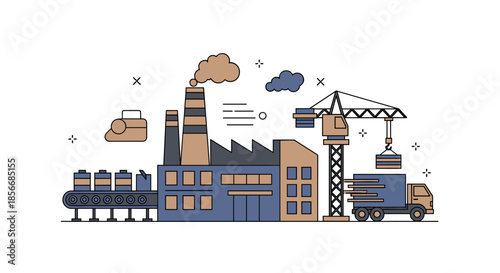 Industrial manufacturing factory complex with production line conveyor belt shipping crane and logistics truck