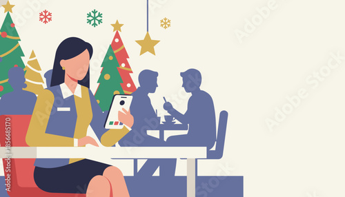 Professional woman using a digital tablet during a holiday break in a cafe with Christmas decorations