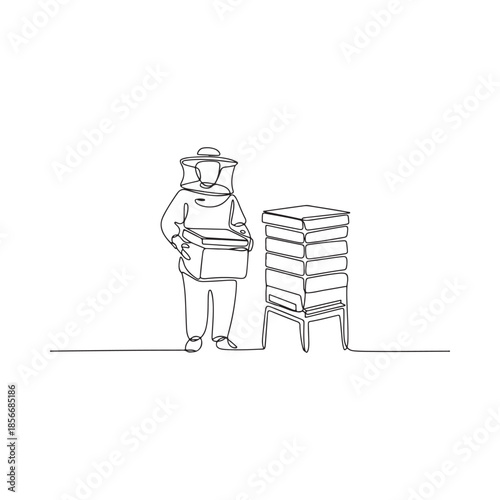 Line art drawing of a beekeeper with beehives in a minimalist style