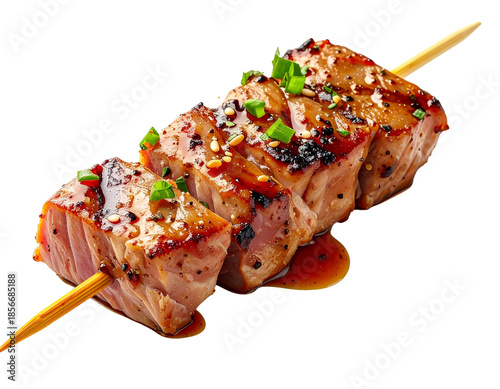 Delicious Grilled Tuna Skewer with Sesame Seeds and Green Onions.