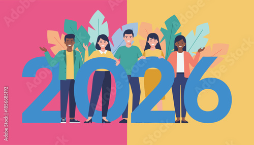 Diverse group celebrating 2026 Happy New Year future planning success and growth vector illustration