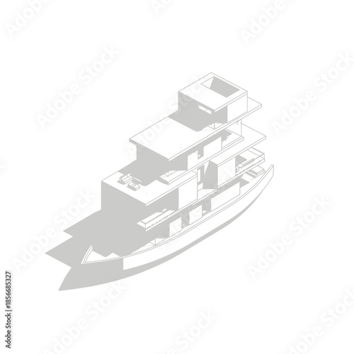 Modern Yacht Design Isometric View White Outline.