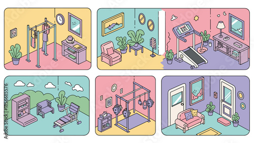 Collection of isometric home gym and relaxation room illustrations, Generative AI.