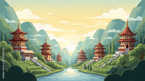 Serene Pagodas Along a River at Sunrise in a Mountainous Landscape