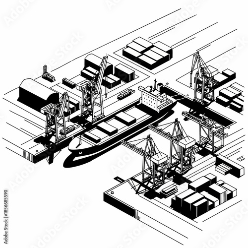 Cargo Ship Being Loaded and Unloaded at a Busy Port Terminal.