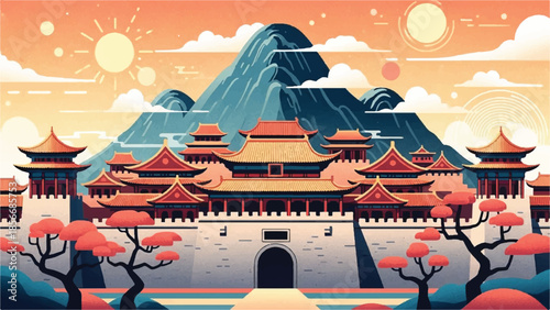Vibrant illustration of a grand temple complex surrounded by majestic mountains and serene trees at sunset