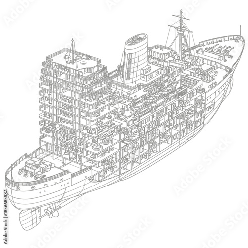 Detailed Blueprint Illustration of a Large Passenger Cruise Ship.