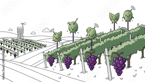 Cute cartoon grapes with faces on a vineyard, Generative AI.