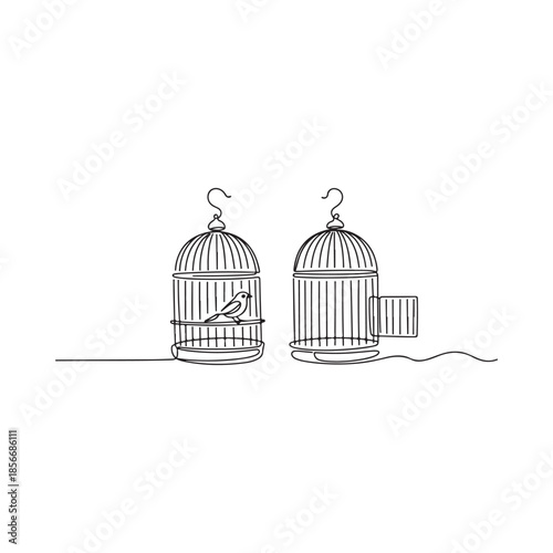 Two birdcages one open with a bird flying towards freedom line art style