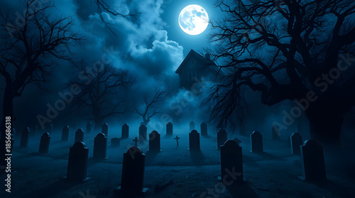 Dark Foggy Cemetery on Hill at Night