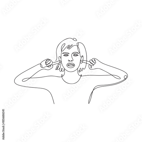 Woman covering ears with hands a continuous line art illustration