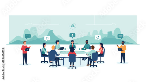 Diverse group of professionals collaborating in a modern meeting room, Generative AI.