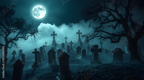 Eerie Gothic Cemetery Under Moonlight
