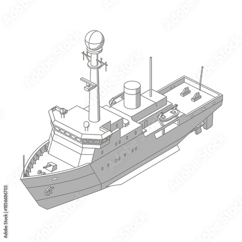 Detailed Isometric Line Drawing of a Modern Research Vessel.