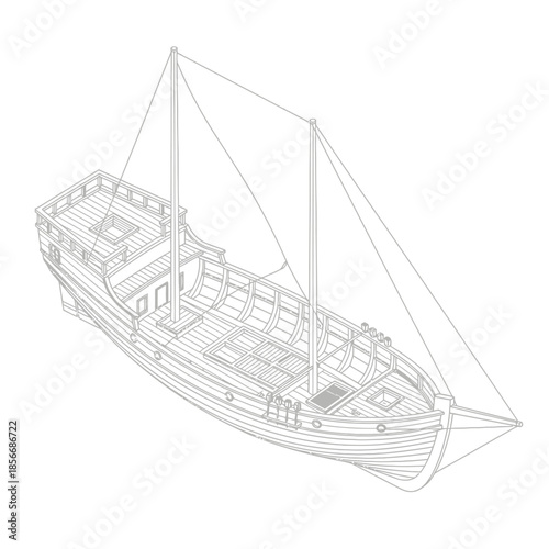 Detailed Isometric Line Drawing of an Old Sailing Ship.