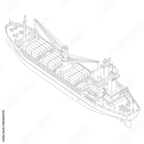 Detailed Line Drawing of a Cargo Ship Loaded with Containers.