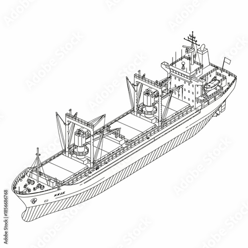 Detailed Line Drawing of a Cargo Ship.