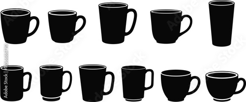 Cup and mug silhouette vector, black shapes, beverage container design, coffee tea styles, white background, handle variety, drinkware comparison, minimal art