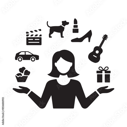 A woman juggling various icons representing diverse interests and lifestyle elements
