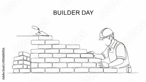 Builder constructing a brick wall with trowel and helmet.