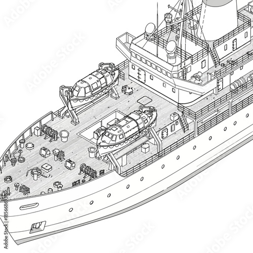 Detailed Line Drawing of a Large Ships Deck with Lifeboats.