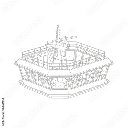 Detailed Outline Drawing of a Ships Bridge and Navigation Equipment.