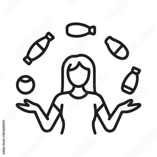 A line art illustration depicts a juggler skillfully tossing bottles and balls