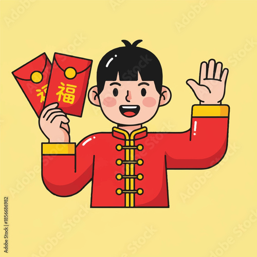 A young child in traditional attire holding red envelopes and waving