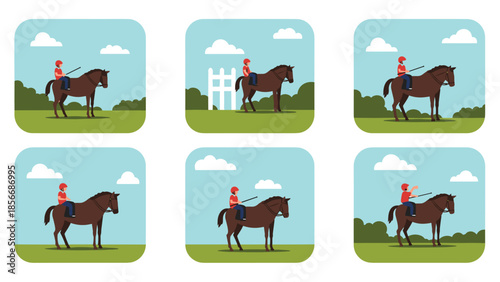 Equestrian rider on a brown horse in a field, Generative AI.