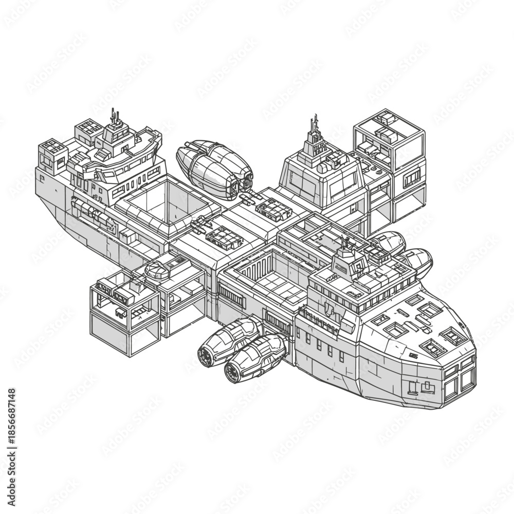 Obraz premium Futuristic spaceship design with modular components and advanced technology.