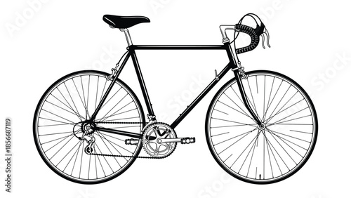 Detailed road bicycle silhouette, drop handlebar racing bike, thin tire cycle, geared drivetrain, black and white vector, isolated illustration, sports equipment