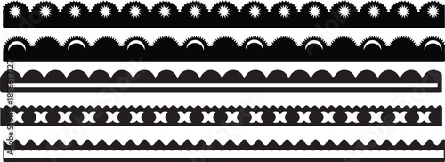 set of black and white borders. simple scalloped borders and dividers set, vintage frill ornament and ribbon trim pattern decorative lace vector Illustration