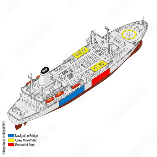 Diagram of a large passenger ship with designated zones highlighted.