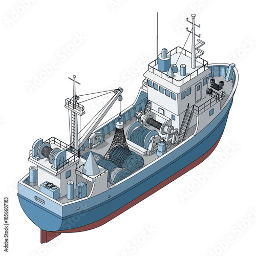 Illustration of a Fishing Trawler Boat on a White Background.
