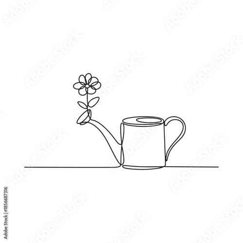 Delicate line drawing of a watering can and blooming flower