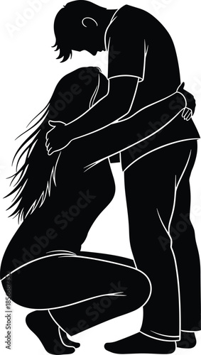 Embrace silhouette vector, emotional connection pose, black illustration, comforting moment, supportive gesture, love and care, intimate design, human tenderness, minimal art