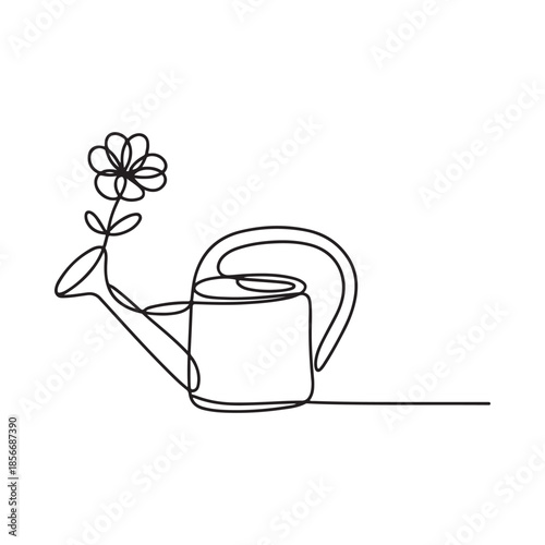 A minimalist line drawing of a flower and watering can design