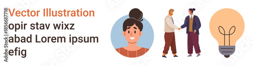 Business collaboration, teamwork, creative ideas, multicultural connection, communication, innovation. A smiling woman, two people shaking hands and a lightbulb. Business collaboration and teamwork