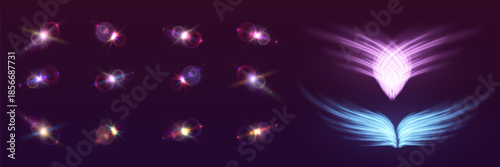 Abstract light reflections and fairy wings on purple background