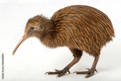 Fotografija A charming kiwi bird with long beak and fluffy brown feathers on a white background