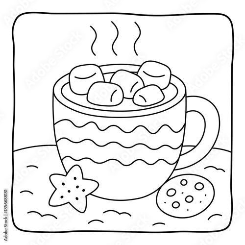 Warm cup of hot chocolate with marshmallows and winter cookies, cute coloring page art