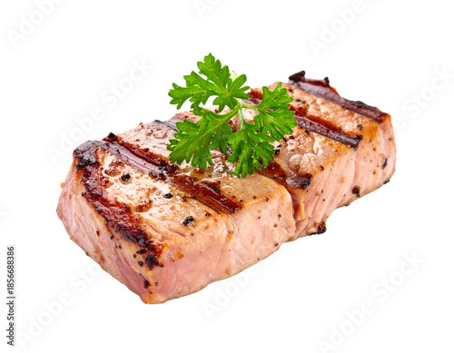 Grilled Salmon Steak with Parsley Garnish.