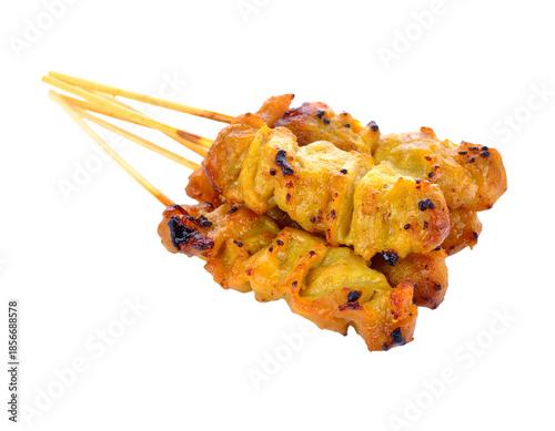 Delicious Grilled Chicken Satay Skewers on White Background.