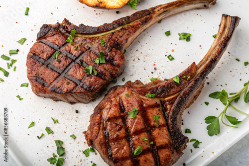 Foto Two perfectly grilled bone-in ribeye steaks and chili peppers on a white background